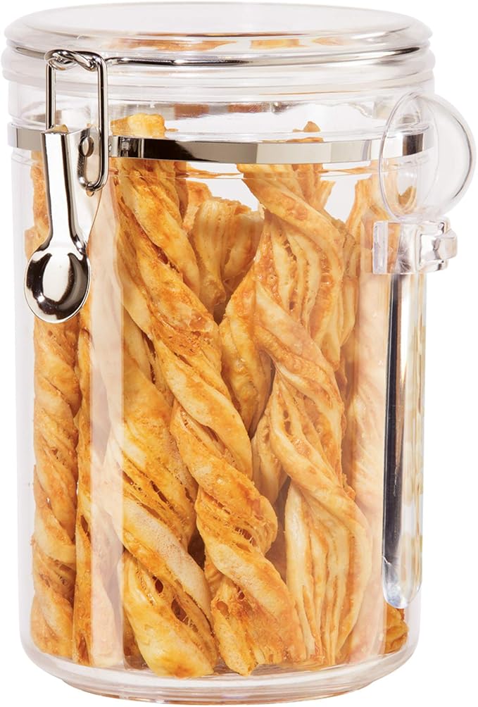 Oggi Clear Canister Airtight 72oz - Clamp Lid & Spoon - Airtight Food Storage Container, for Kitchen & Pantry Storage of Bulk, Dry Foods, Pasta, Flour, Sugar, Coffee, Rice, Tea, Spices & Herbs