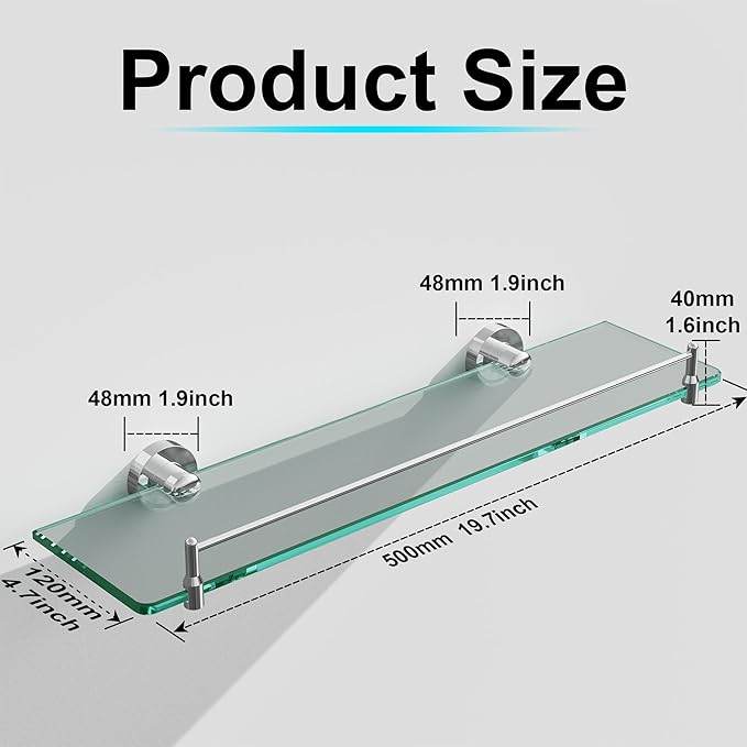 20 Inches Glass Shelves for Bathroom, Chrome Polished Floating Glass Shelf Stainless Steel Tempered Glass Bathroom Shelves for Wall Mount Modern
