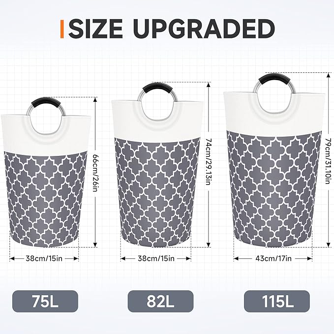 Large Laundry Basket Laundry Hamper Bag Washing Bin Clothes Bag Collapsible Tall with Handles Waterproof Travel Bathroom College Essentials Storage for College Dorm, Family (Grey) 115L