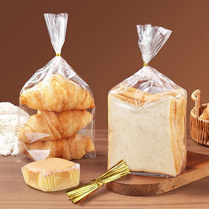 vivinin 70 Pack Bread Bags & 100 Pack Ties, 8" x 4" x 18" Clear Bread Bags for Homemade Bread, Reusable Plastic Bread Storage Bags for Bakers, Bakery Owners