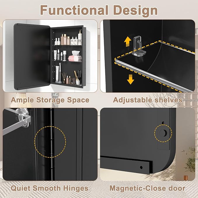 Medicine Cabinet with Mirror, 16x24 Fully Assembled Recessed or Wall-Mounted Bathroom Mirrored Cabinet with Adjustable Storage Shelves for Vanity, Metal, Black