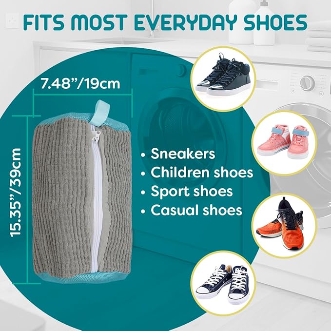 Shoe Washing Machine Bag - 2pcs - Laundry Shoe Bag for Washer and Dryer - 2pc Reusable Sneaker Cleaning Sack for All type of Tennis - Reinforced Zipper, 360° Deep Cleaning (Gray)