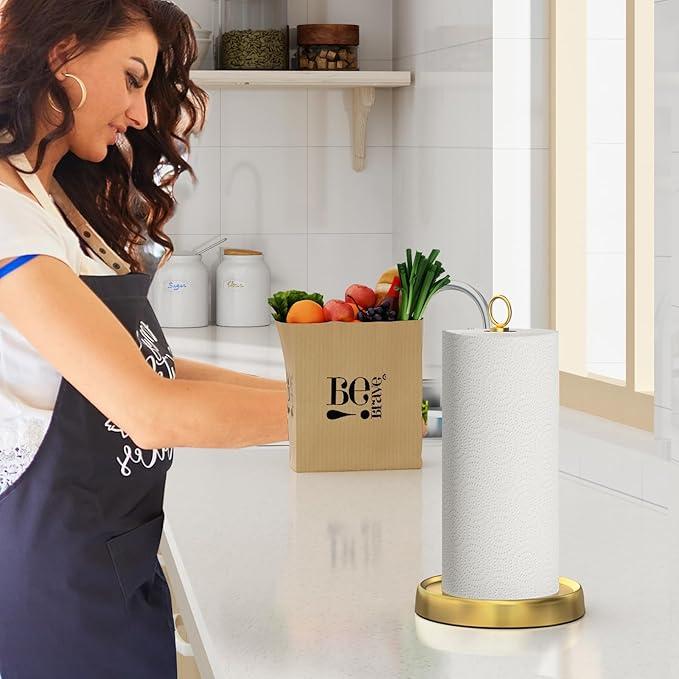 Gold Paper Towel Holder Countertop, Gold Kitchen Accessories Decor, Stainless Steel, Weighted Base, Paper Towel Stand for Bathroom Farmhouse Essentials