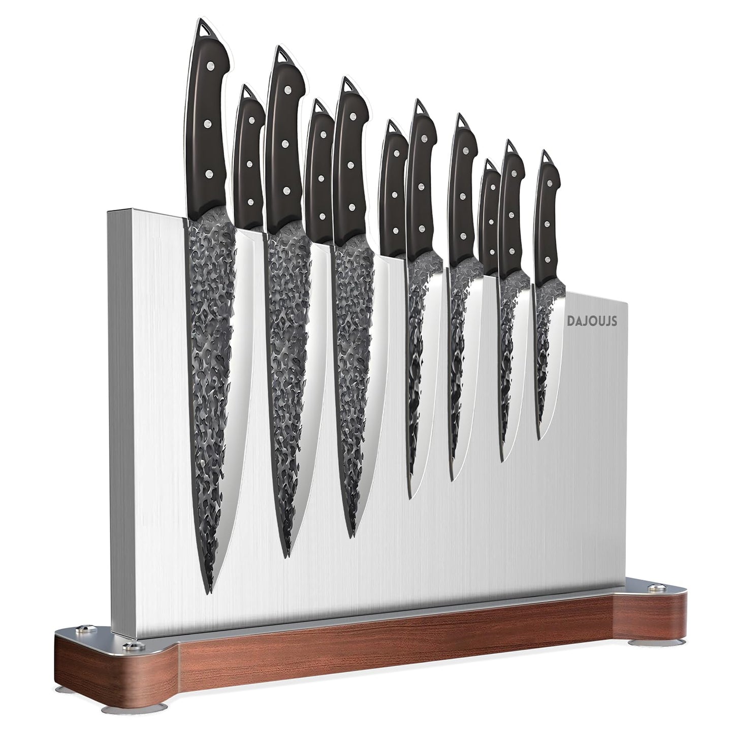 Magnetic Knife Holder, Stainless Steel Magnetic Knife Block without Knives, Strong Double Sided Magnet Knife Storage Strip with Wood Base for Kitchen Counter-Silver