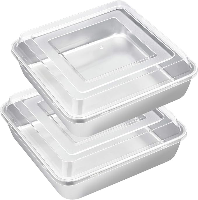 E-far 8 x 8-Inch Square Baking Pan with Lid, Stainless Steel Square Cake Brownie Pan, Fit for Toaster Oven, Non-toxic & Healthy, Easy Storage & Dishwasher Safe - 2 Pieces