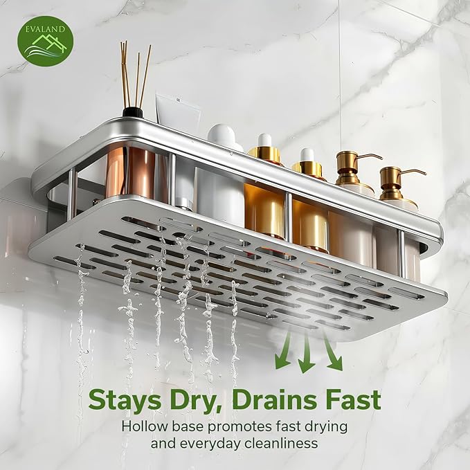 EVALAND Shower Caddy Adhesive 2-Pack with Hooks and Rod for Towels, Silver – Premium Bathroom Shower Shelves, Shampoo Organizer, Bathtub Shelf, Rustproof, Easy Installation, Sturdy Modern Look