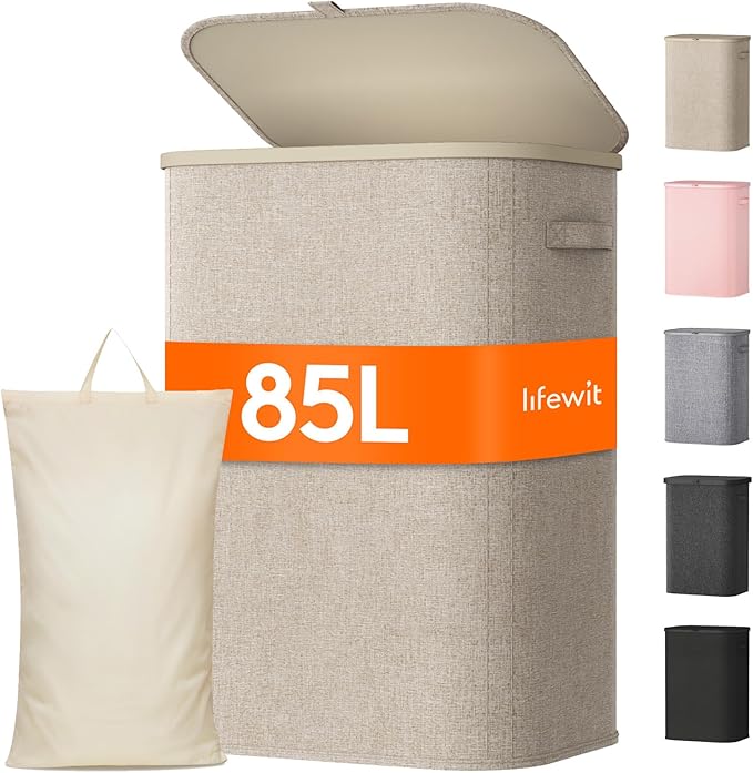 Lifewit 85L Large Laundry Basket with Lid, Laundry Hamper with Plastic Handles and Removable Bag, Foldable Tall Dirty Clothes Hampers for Laundry for Laundry Room, Bedroom, Bathroom, Dorm, Beige