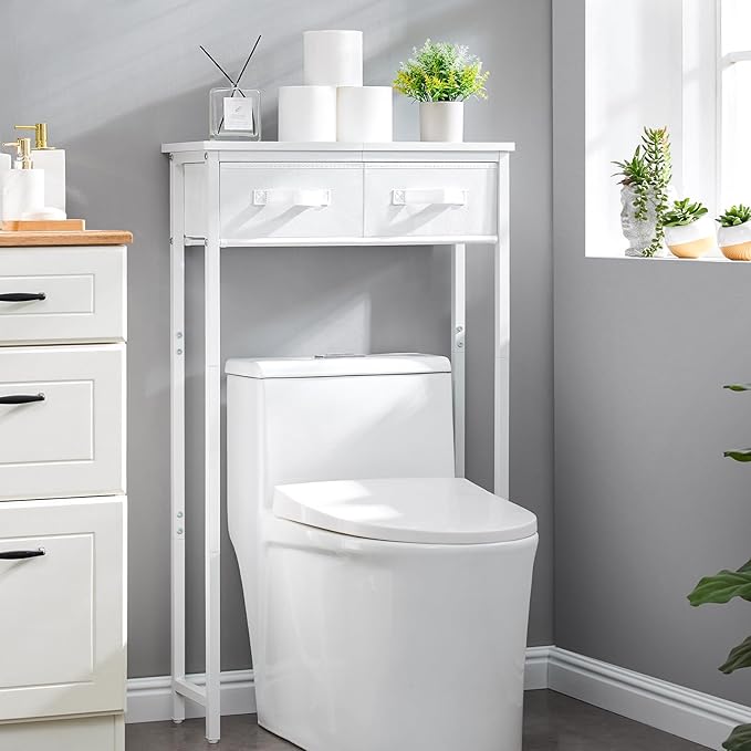 MOHOPE 2-Tier Over The Toilet Storage with 2 Fabric Drawers, Freestanding Above The Toilet Storage Cabinet, Space Saver Metal Over Toilet Bathroom Organizer Shelf for Small Space, White