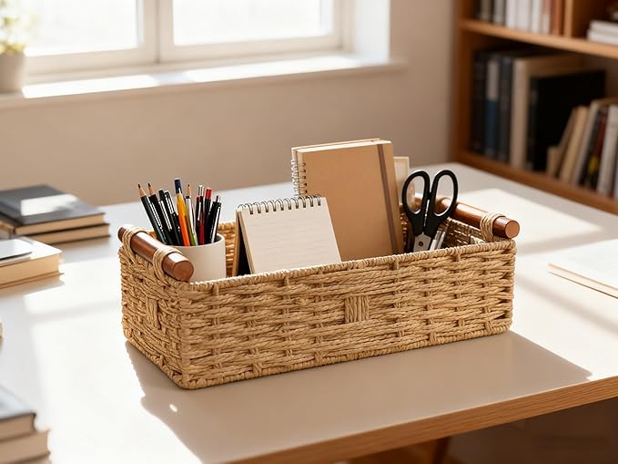 Toilet Tank Basket for Top of Toilet, Khaki Wicker Toilet Paper Basket (Holds 2 Rolls), Handwoven Paper Rope Toilet Tank Organizer with Wooden Handles, Bathroom Baskets for Organizing