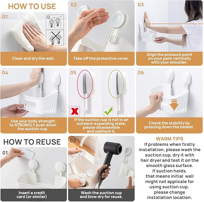 LEVERLOC Shower Caddy Suction Cup Set Shower Organizer & Soap Holder & Toothbrush Holder, Bathroom Shelf Basket NO-Drilling, Removable Suction Storage Waterproof Bathroom Caddy, White | Shower Organizer, Soap Holder, Toothbrush Holder, Removable Suctio...