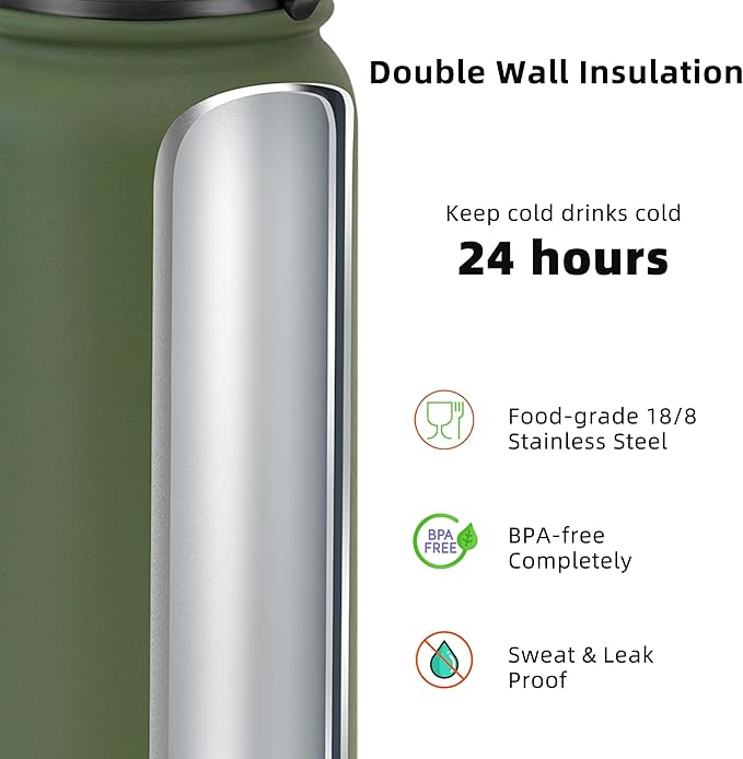 Fanhaw 20 oz Insulated Stainless Steel Water Bottle with Anti-Dust Chug Lid & Carabiner Lid, Leakproof Vacuum Metal Bottle for Kids, Women & Men (Olive Green)