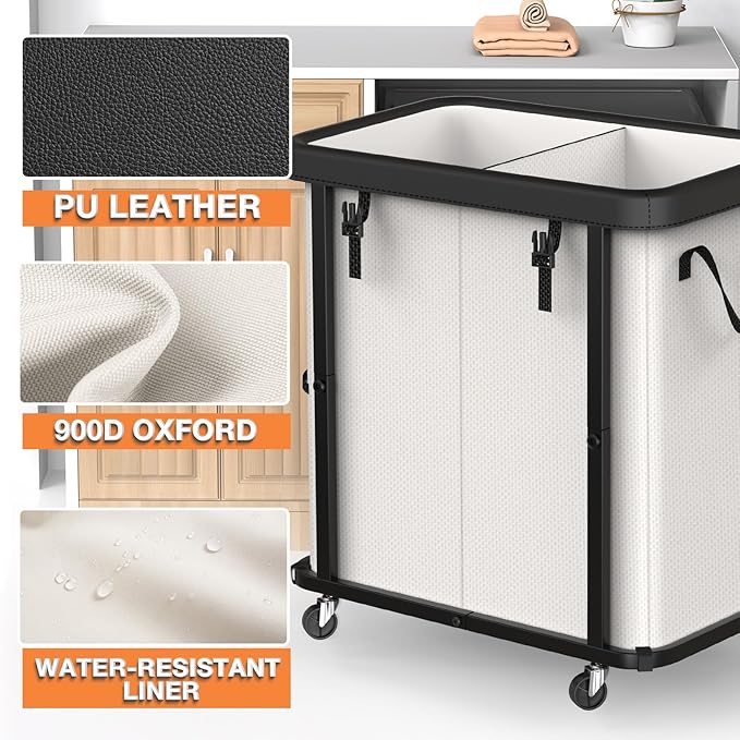 190L (50 Gal) Large Fashion Laundry Basket with Wheels, Leather Patchwork Rolling Hamper Carts, Sturdy Metal Frame, Removable Washable Bag, Tall Clothes Sorter for Bedroom, Laundry Room - Beige