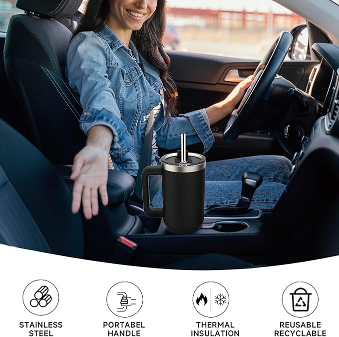 40 oz Tumbler with Handle,Tumbler with Lid and Straw,Double Wall Insulated Cup Stainless Steel Travel Mug(Cold for 34 Hours),Water Bottle for Iced Tea,Coffee,Cold Beverages(Black)