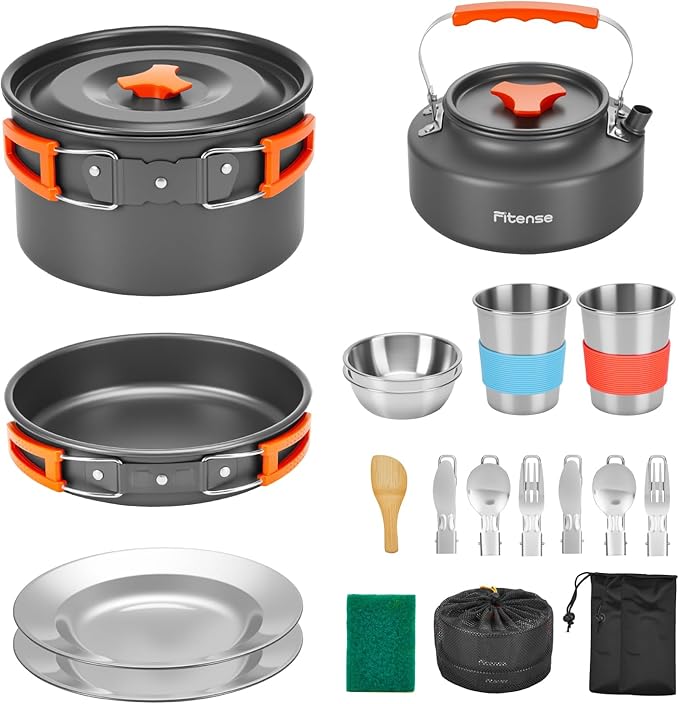 Fitense 21Pcs Camping Cookware Mess Kit for 2, Lightweight Camping Kitchen Pots and Pans Set, Portable Cooking Essentials for Backpacking, Hiking and Picnic