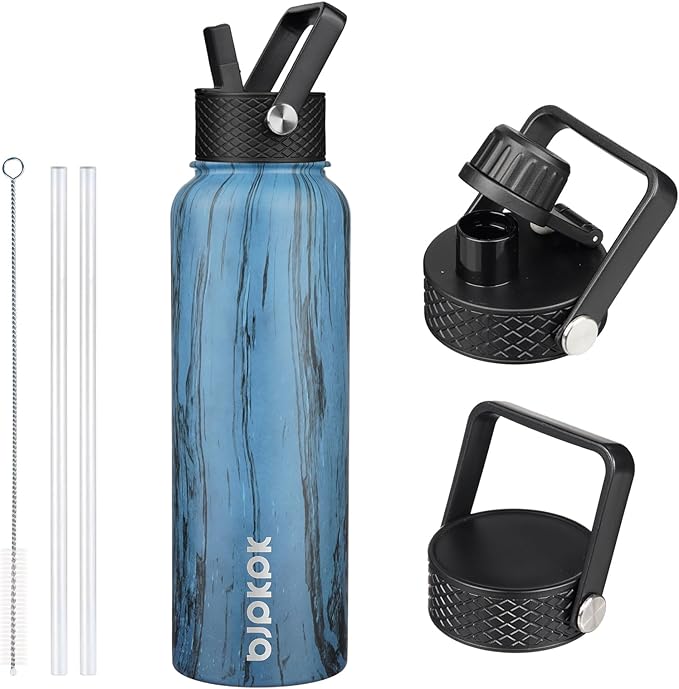 BJPKPK Insulated Water Bottles with Straw Lid, 40oz Stainless Steel Water Bottles with 3 Lids, BPA Free Leakproof Thermo, Tumblers, Cups for Sports- Wood Prussian Blue