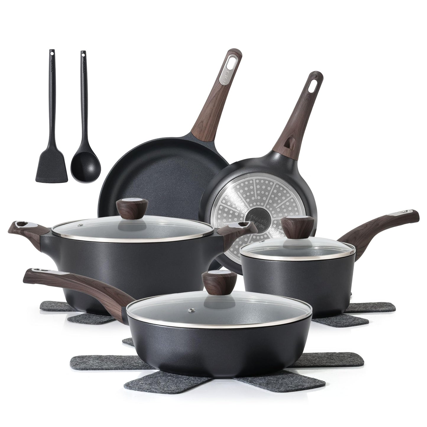 SENSARTE Pots and Pans Set Non stick, Non toxic Healthy Induction Cookware Sets, 14 Pcs Non Stick Kitchen Cooking Set with Frying Pans Set & Saucepan, PFOA PFOS Free, Black