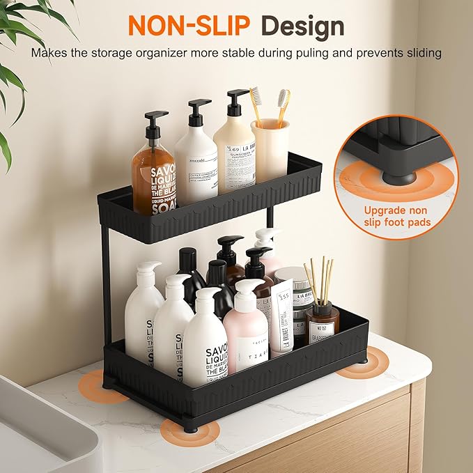 3 Pack Multi-Purpose Under Sink Organizers and Storage, 2026 L-Shaped Pull Out Cabinet Organizer for Bathroom & Kitchen, Under Cabinet Organizer with Hooks Hanging cup, Black, 14.85 inch