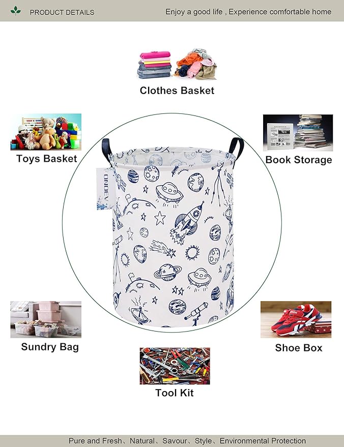 Round waterproof laundry basket、foldable storage basket、laundry Hampers with handle、gift basket,suitable for children's room and toy storage (Blue Planet)