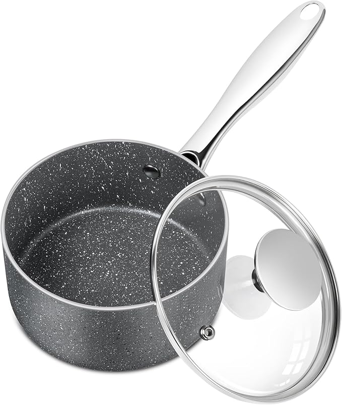 MICHELANGELO Sauce Pan with Lid, Granite Saucepans with Lids, 1Qt & 2Qt & 3Qt Sauce Pan Sets, Nonstick Saucepan Set with Stainless Steel Handle, Oven Safe, Grey