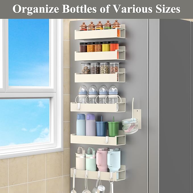 Magnetic Water Bottle Holder for Refrigerator, Cup Holder Organizer for Stanley and Tumbler for Kitchen, 6 Pack, Cream White