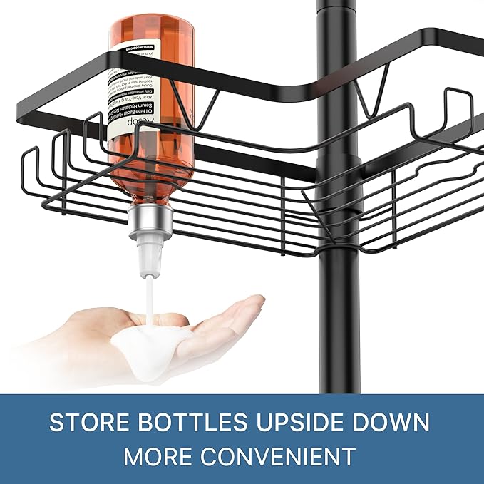 ZUNTO Shower Caddy Corner for Bathroom, Tension Pole, Adjustable 25in-114in Floor to Ceiling, Standing Shower Tension Rod Organizer with Hooks, 4 Tier Storage Shelves, Matte Black