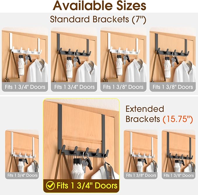 Long Over The Door Hooks with 15.75-inch Arms for Easier Access by Women, Heavy Duty Door Hanger for Winter Coat, L16U, Fits Standard 1 3/4'' Doors, Towel Racks Organization, Black