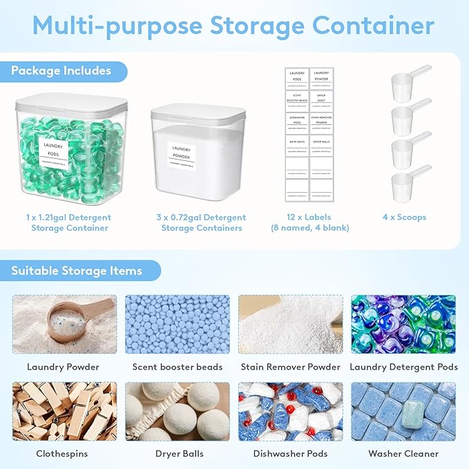 Lifewit 4 Pcs Laundry Pods Container with Pop-up Lid, Dryer Sheet Holder, Laundry Room Organization Storage Jars for Washing Powder, Soap, Scent Booster Beads, 2700 +4500ml/0.72+1.2gal