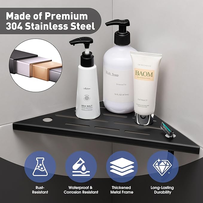Corner Shower Shelf, 10'' Shower Corner Shelf with Towel Bar & Hooks, 304 Stainless Steel Recessed Bathroom Shelves, No Drilling for Tiled Wall, 2-Pack (Matte Black)