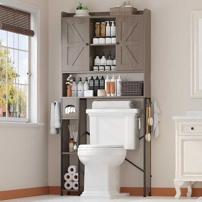 EasyCom Over The Toilet Storage Cabinet with Metal Frame and 7 Storage Shelves, Bathroom Organizer with Adjustable Shelves and Paper Holder, Farmhouse Storage Cabinet for Bathroom, Laundry, Oak Grey