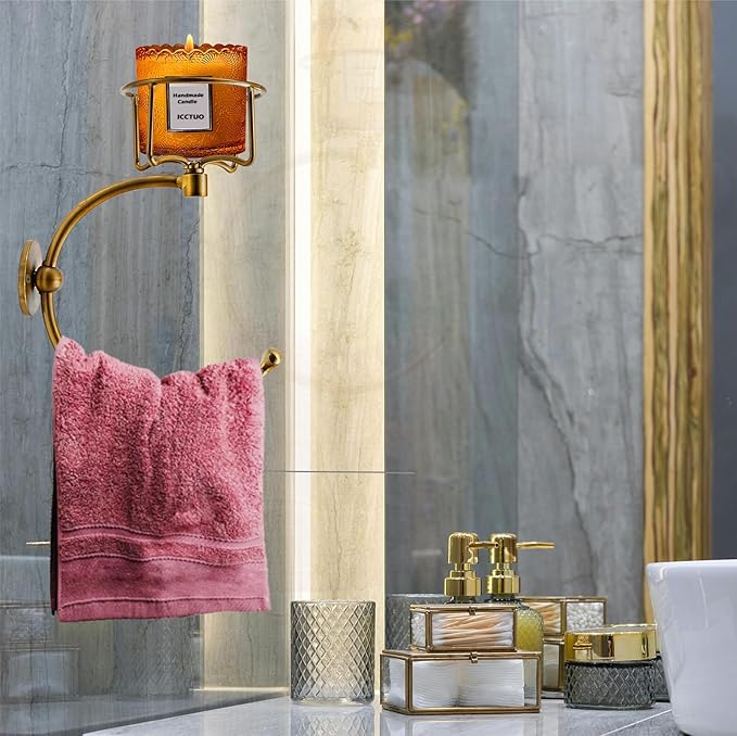 Hand Towel Holder with Vintage Candle Holder for Wall, Towel Hook for Bathroom Wall, Rustic Towel Ring with Elegent Candle Holder, Sturdy Wall Mounted Hanger for Bathroom