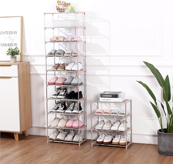 Stackable Small Shoe Rack, Entryway, Hallway and Closet Space Saving Storage and Organization (10-Tier, Pink)