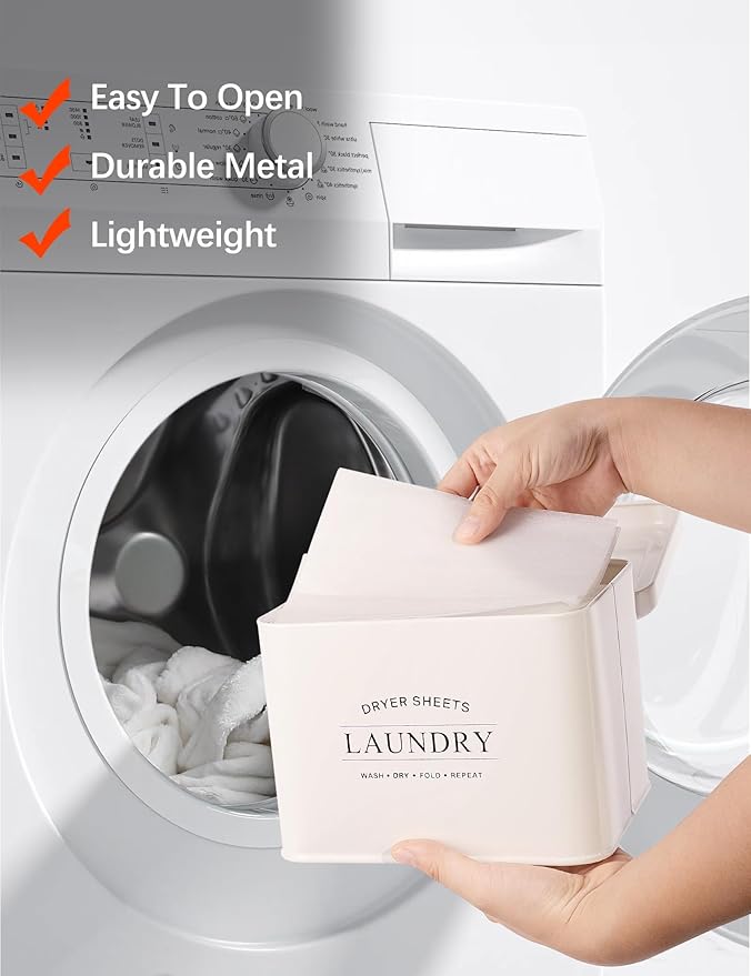 Dryer Sheet Holder with Hinged Lid for Laundry Room Organization, Metal Farmhouse Dryer Sheet Container, Laundry Room Decor and Accessories (Cream)