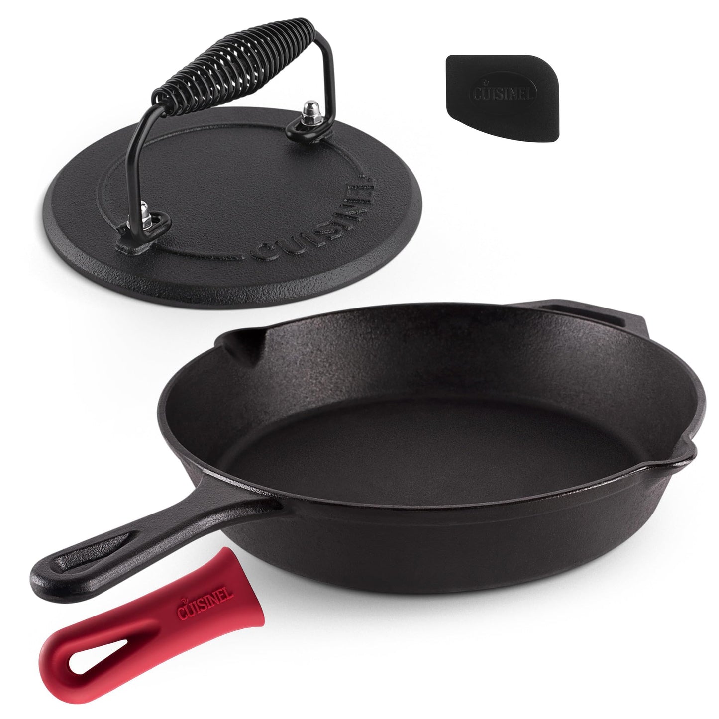 Cuisinel Cast Iron Skillet Set - 10" + 12" Frying Pan + Glass Lids + 2 Handle Cover Grips - Pre-Seasoned Oven Cookware - Indoor/Outdoor Use - Grill, Stovetop, Induction, BBQ, Camping, Fire Use