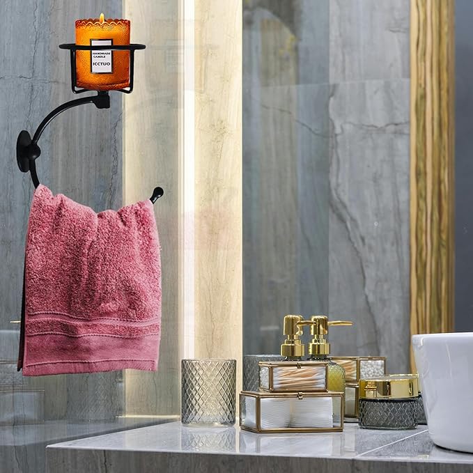 Hand Towel Holder, Matt Black Hand Towel Ring for Bathroom Wall Mounted, Heavy Duty Towel Hook with Candle Holder for Bathroom Wall Decoration