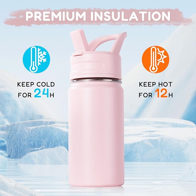 12oz Kids Water Bottle for School, Toddler Bottles with Straws, Stainless Steel Vacuum Insulated Water Bottle for Boys&Girls, Leak-Proof, BPA-Free, Pink