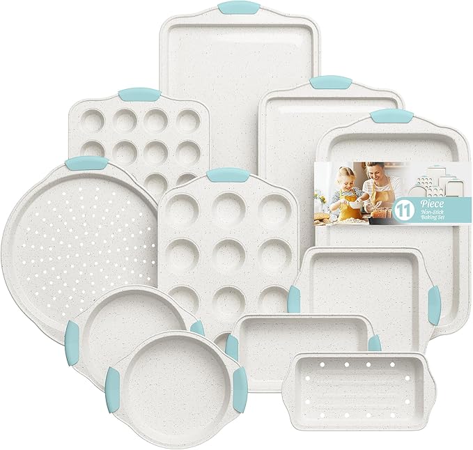 11-Piece Kitchen Nonstick Stackable Bakeware Set, Baking Pans Set, White