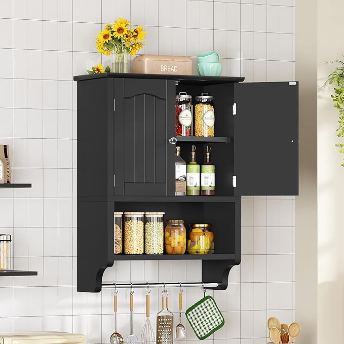TEENFON Bathroom Wall Cabinet with Adjustable Shelves and Towel Rack, Wall Mounted Over The Toilet Storage Cabinet for Bathroom, Living Room, Black