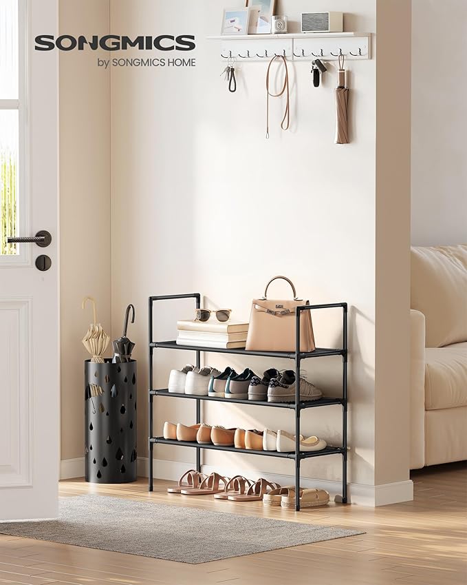 SONGMICS 3-Tier Shoe Rack, Shoe Storage for Hallway Closet, Slim and Space-Saving, Metal Frame, Non-Woven Fabric Shelves, Black ULSH043BH01
