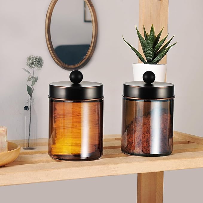 Amolliar Amber Glass Qtip Holder, Apothecary Jars with Oil Rubbed Bronze Metal Lid & Stickers-Bathroom Qtip Dispenser Storage Organizer Set,Vanity Counter Canister for Cotton Swabs,Round Floss(2 Pack)