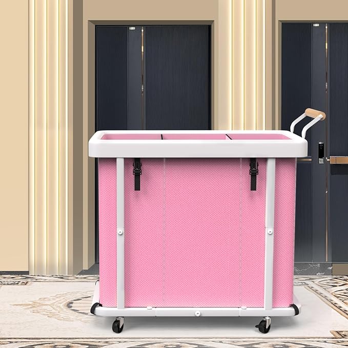 230L (60 Gal) Extra Large Fashion Laundry Sorter 3 Section with Lid, Rolling Laundry Basket Hamper with Handle, Laundry Organizer Storage Cart with Sturdy Metal Frame for Laundry Room,Hotel,Pink