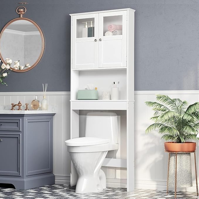 VINGLI Over The Toilet Storage Cabinet White Bathroom Storage Organizer Above The Toilet Shelf with Acrylic Glass Double Doors Wood Muebles para BañO Rack with Adjustable Shelf