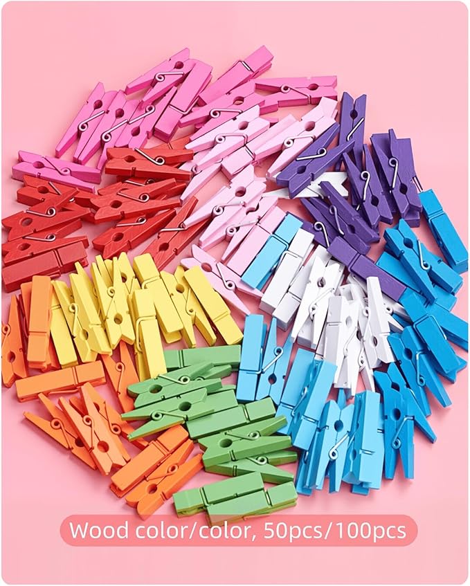 Mini Clothes Pins Wooden Colored Clothespins for Photo Baby Shower 1.4 Inch 50 PCS, Tiny Colorful Clips Small Rainbow Close Pin for Classroom Crafts Project Decorations Hanging Pegs