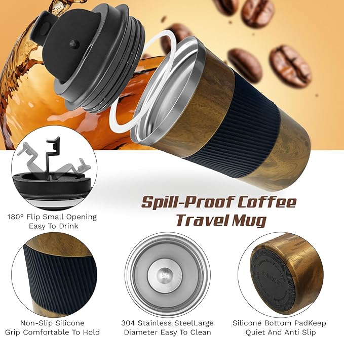 Vacuum Insulated Stainless Steel Travel Coffee Mug with Lid, Leak-Proof Reusable Thermal Cup Keeps Drinks Hot & Cold for Hours, Durable Portable Tumbler for Men & Women (3rd-Wood Grain, 12OZ)