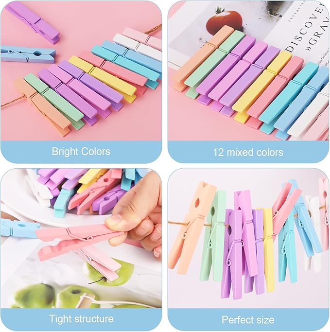 Colored Clothes pins 12 Color, Colorful ClothesPins Wooden Clips for Photos Pictures Decorative Crafts, Decoration clothespins Clothing Hanging clothespins 2.9inch 50PCS (Rainbow Colors)