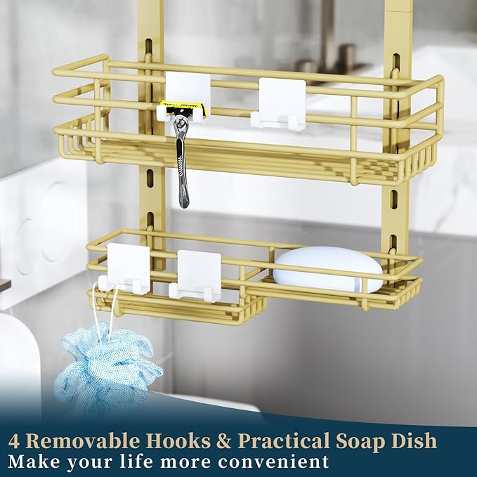 Consumest Over The Door Shower Caddy - 5 Tier Adjustable Shower Organizer Hanging with 2 Toothbrush Holders & 4 Hooks, Rustproof Organizer Shelf, Storage Rack for Bathroom, Gold