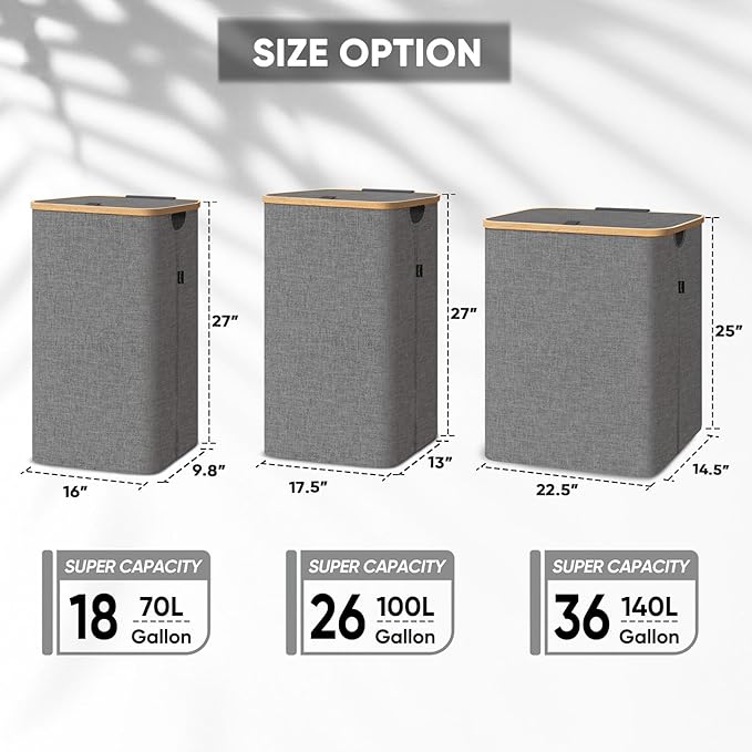 BALEINE Laundry Hamper with Lid, Tall Laundry Baskets with Bamboo Pull Handles, Large Laundry Bin with Internal Support (26 Gal/100L, Grey) (Pack of 2)