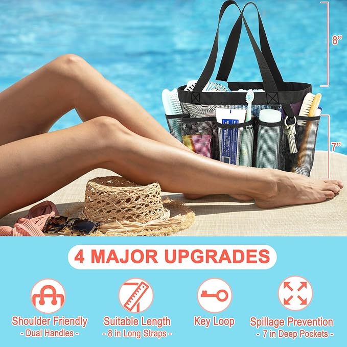 Mesh Shower Caddy Portable for College Dorm Room Essentials, 8-Pocket Large Shower Basket Tote Bag with 2 Handles for Toiletry, Bathroom, Beach, Camp, Gym | Portable, Quick-Dry, 2 Handles