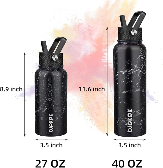 BJPKPK Insulated Water Bottles with Straw Lid, 40oz Stainless Steel Water Bottles with 3 Lids, BPA Free Leakproof Thermo, Tumblers, Cups for Sports, Gym- Midnight