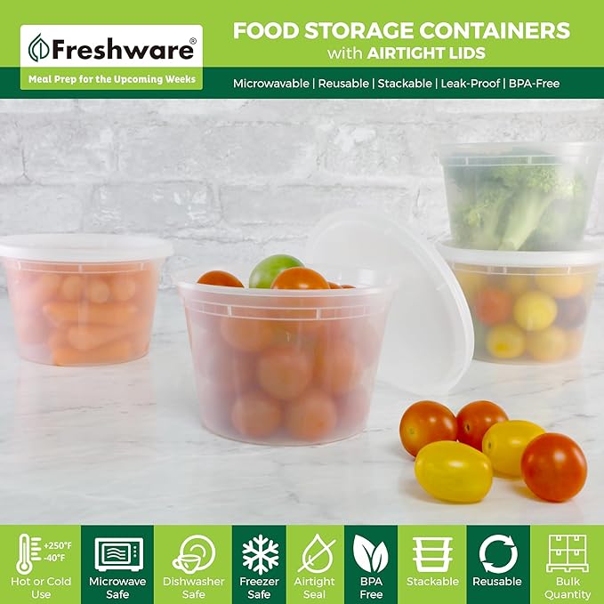 Freshware Food Storage Containers [36 Set] 16 oz Plastic Deli Containers with Lids,Slime,Soup,Meal Prep-Containers | BPA Free | Stackable-| Leakproof-| Microwave/Dishwasher/Freezer Safe,(Pack of 10)