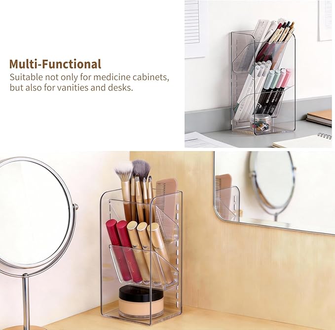 Medicine Cabinet Organizer with Adjustable Dividers, Clear Open Storage Compartment, Space-Saving Makeup Brush Holder for Bathroom, Wall Cabinet, Vanity Countertop (2-Tier Full Slant)